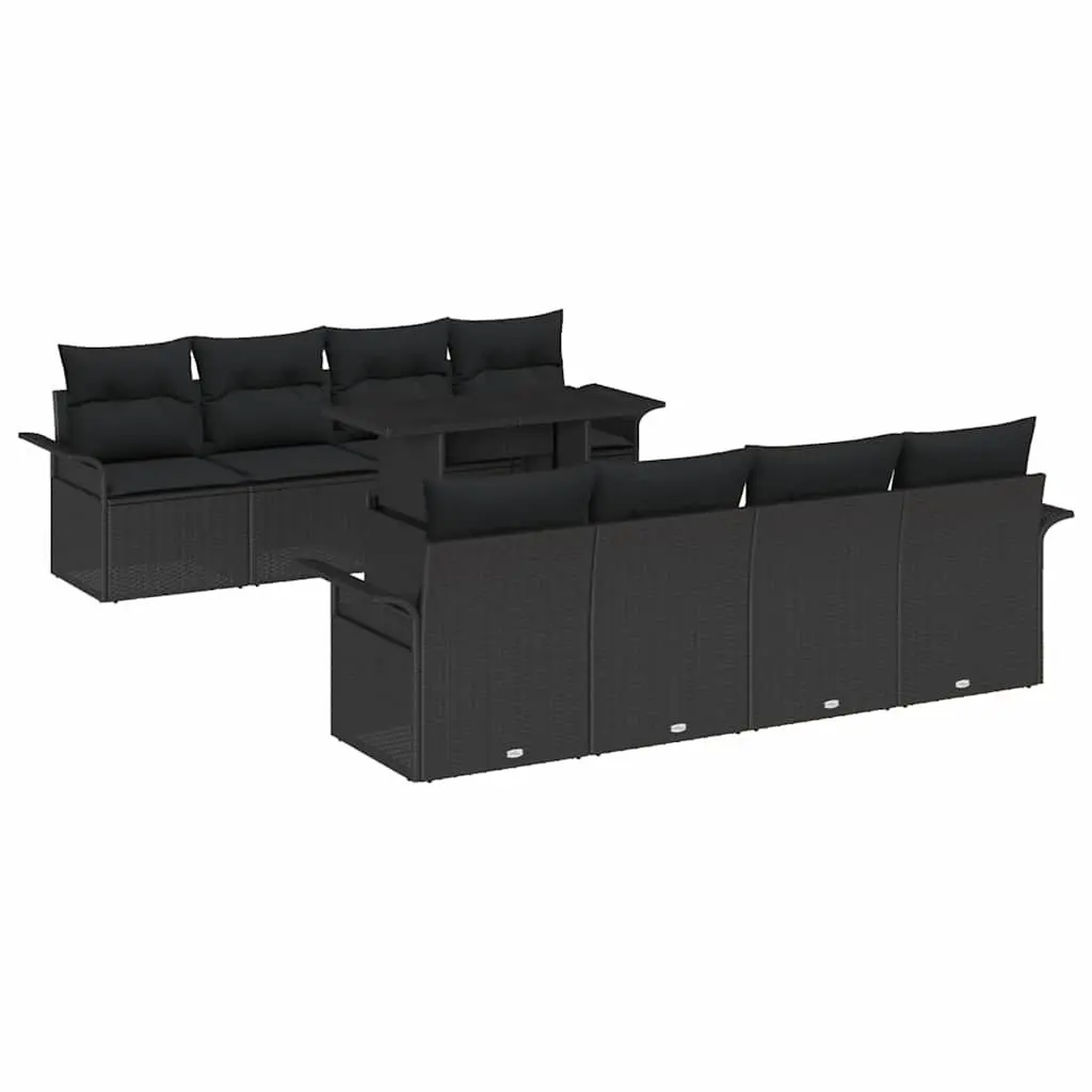 Garden Sofa Set Poly Rattan Solid Acacia Wood 9 Piece Black Outdoor Furniture