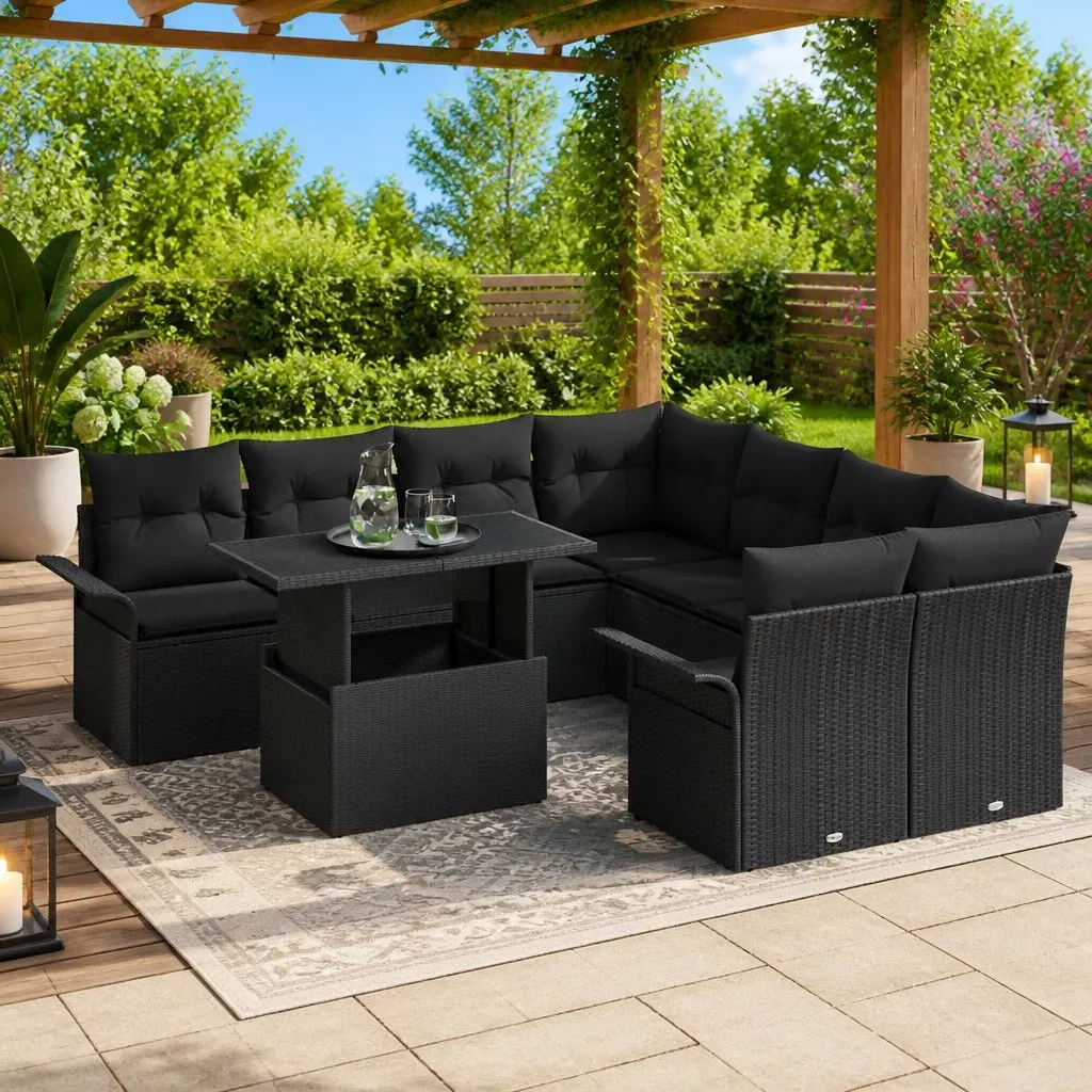 Outdoor Garden Sofa Set 9 Pieces Modular Black Poly Rattan Furniture with
