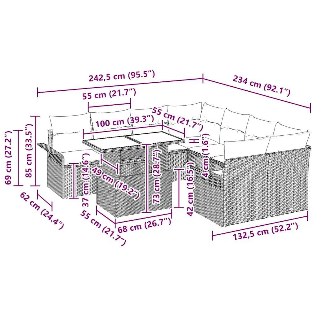 Outdoor Garden Sofa Set 9 Pieces Modular Black Poly Rattan Furniture with