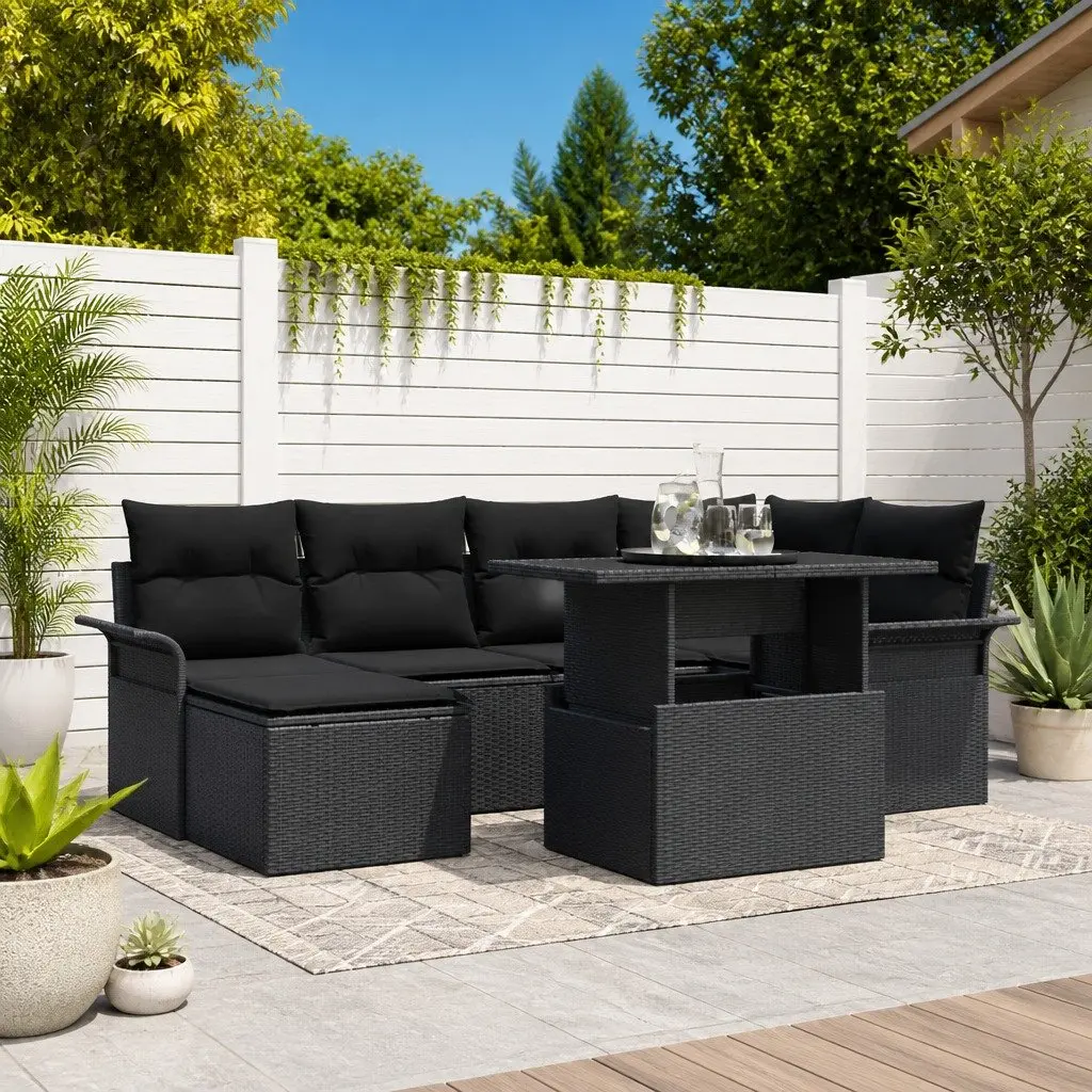 Garden Sofa Set Poly Rattan 7 Piece Black with Cushions Glass Table