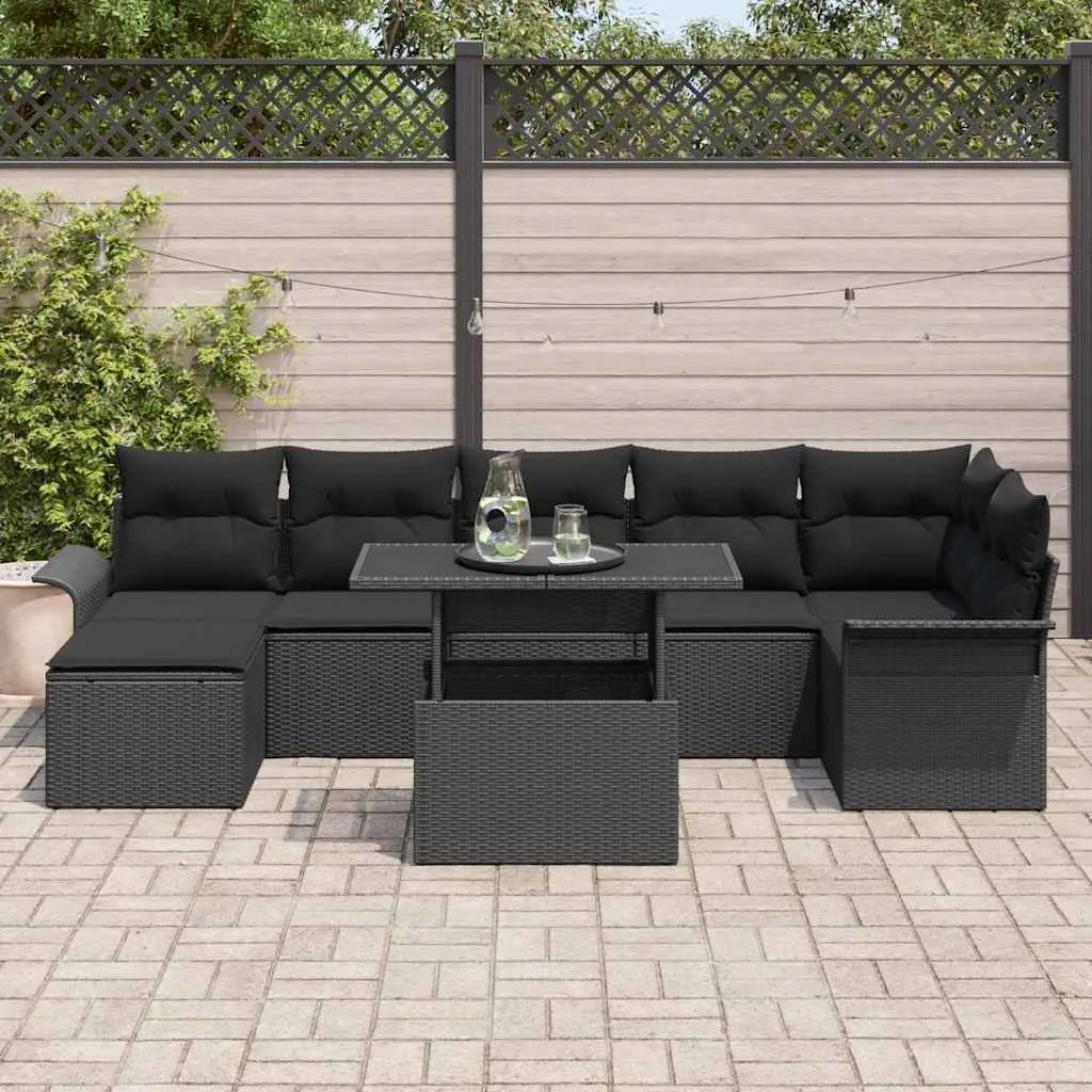 8-Piece Black Poly Rattan Outdoor Sofa Set