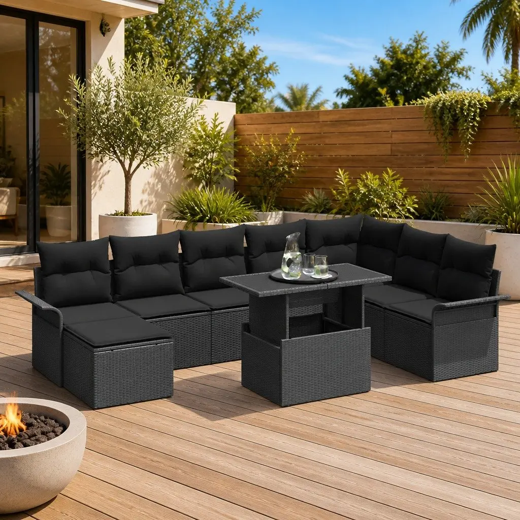 Black Poly Rattan Garden Sofa Set, 9 Pcs