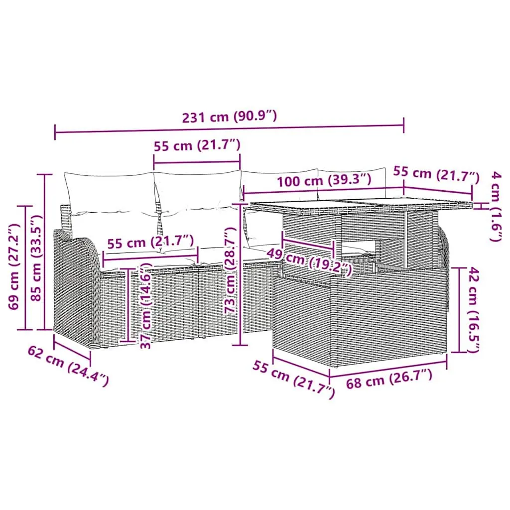 5 Piece Outdoor Garden Sofa Set Poly Rattan Rectangular Grey