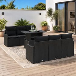 Durable 7-Piece Black Poly Rattan Outdoor Sofa Set