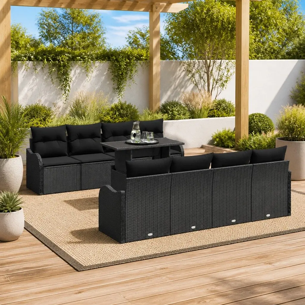 7-Piece Outdoor Black Poly Rattan Sofa Set with Cushions