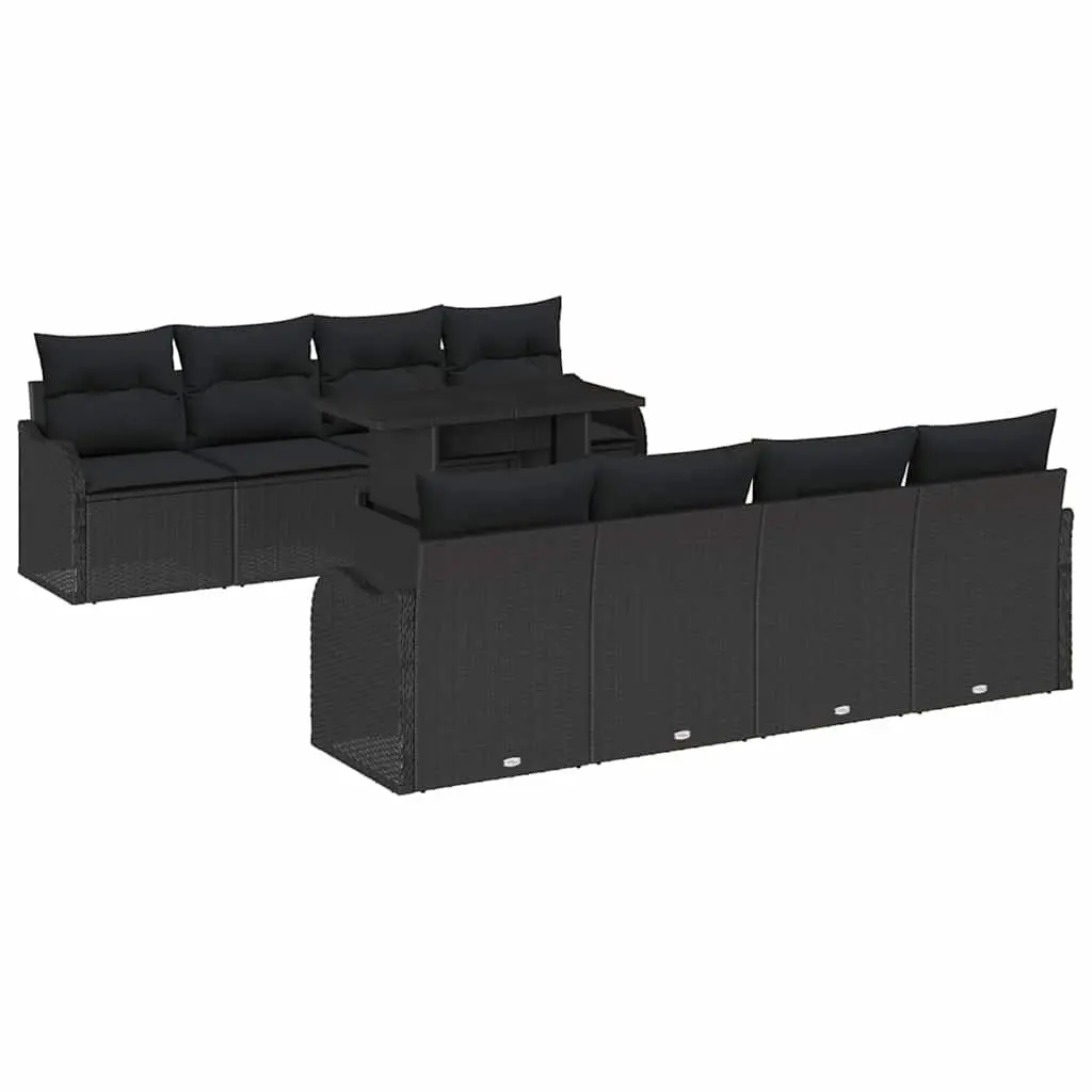 7-Piece Outdoor Black Poly Rattan Sofa Set with Cushions