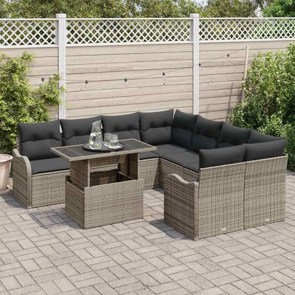 Garden Sofa Set 9 Pieces Modular Outdoor Furniture Grey Poly Rattan Cushions