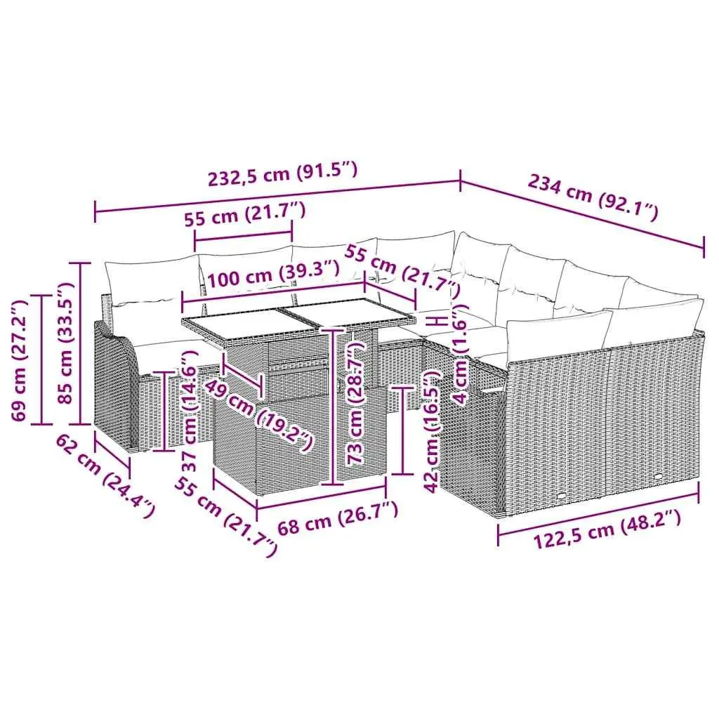 9-Piece Modular Garden Sofa Set with Cushions