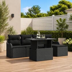 6-Piece Black Poly Rattan Outdoor Seating Set with Cushions