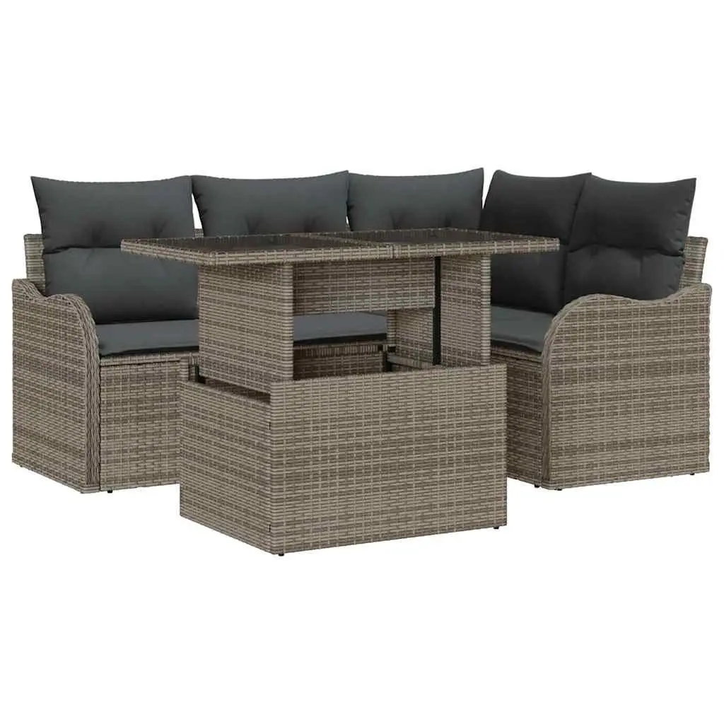 5-Piece Grey Poly Rattan Outdoor Dining Set with Cushions