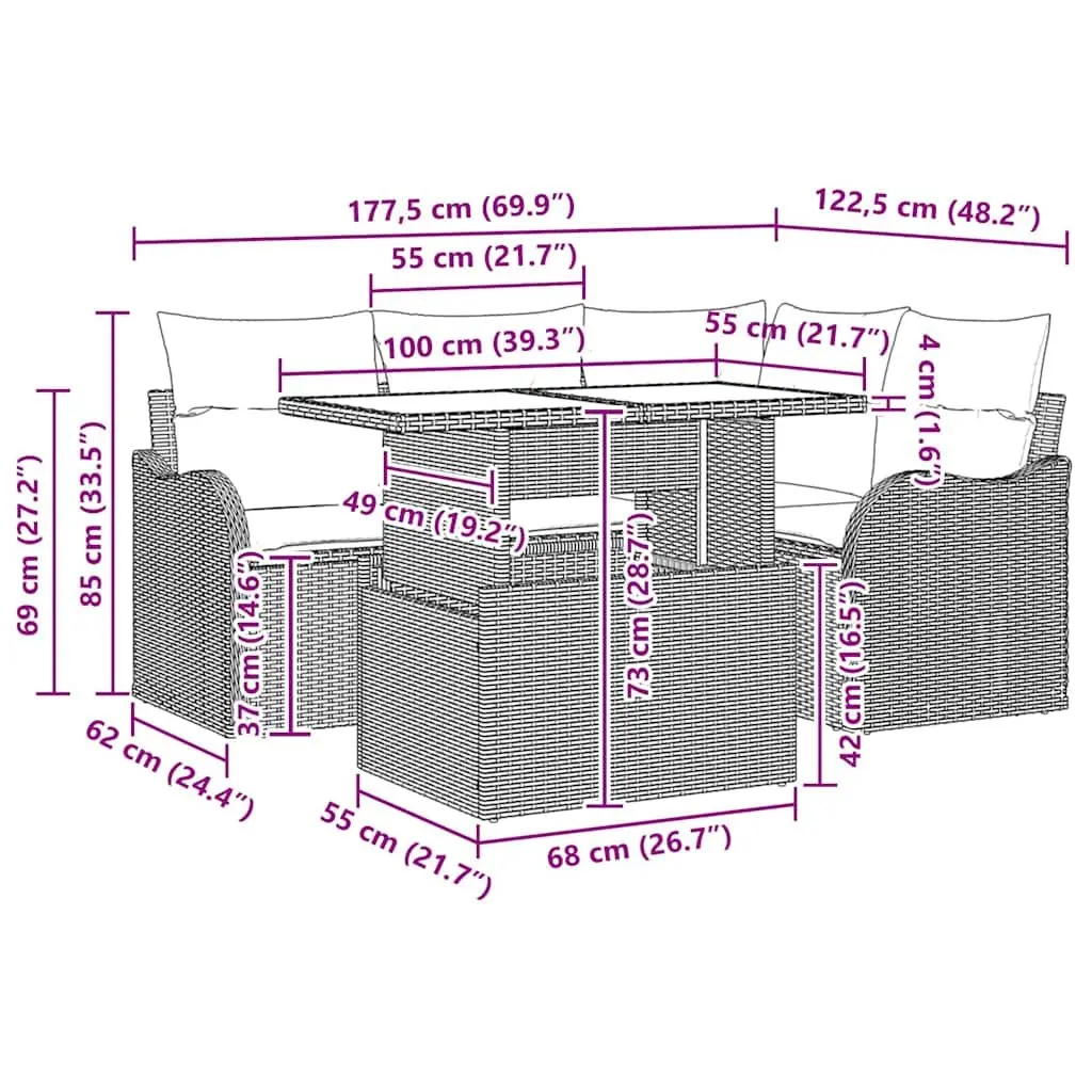 5-Piece Grey Poly Rattan Outdoor Dining Set with Cushions