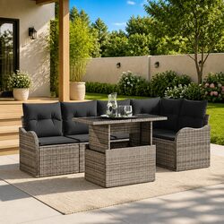 6-Seater Outdoor Dining Set in Grey Poly Rattan
