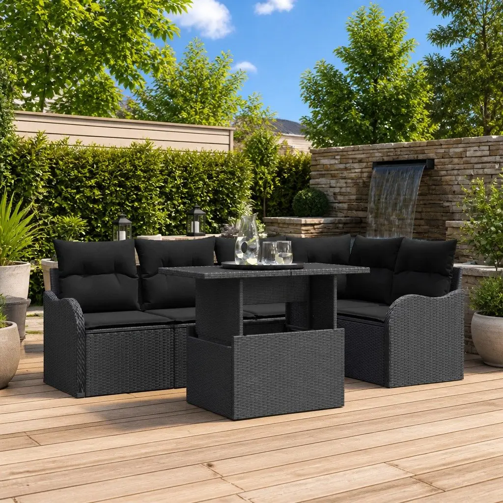 Black Poly Rattan Garden Dining Set for 6 with Cushions