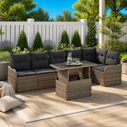 7-Piece Grey Poly Rattan Outdoor Sofa Set with Table