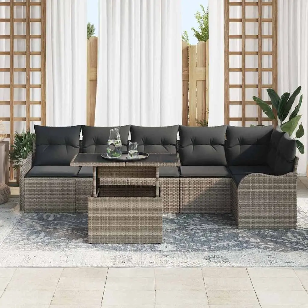 7-Piece Grey Poly Rattan Outdoor Sofa Set with Table