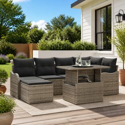 7-Piece Grey Poly Rattan Garden Sofa Set for Outdoor Use