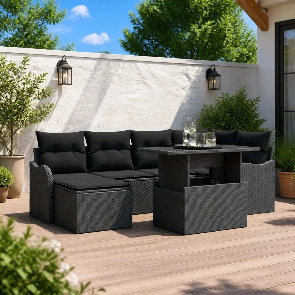 7-Piece Modular Black Poly Rattan Garden Sofa Set