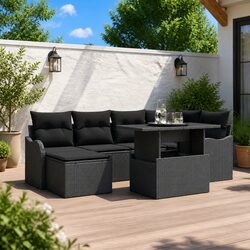 7-Piece Modular Black Poly Rattan Garden Sofa Set