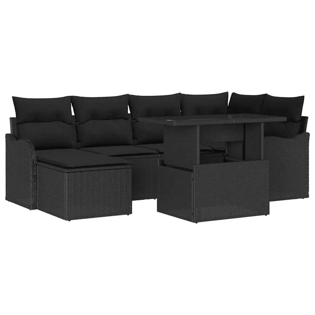 7-Piece Modular Black Poly Rattan Garden Sofa Set
