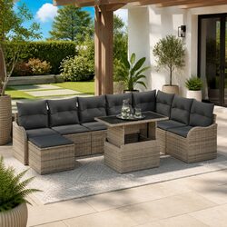 Durable 9-Piece Modular Garden Sofa Set in Grey Rattan
