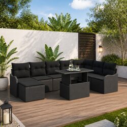 Black 9-Piece Modular Outdoor Garden Sofa Set with Cushions