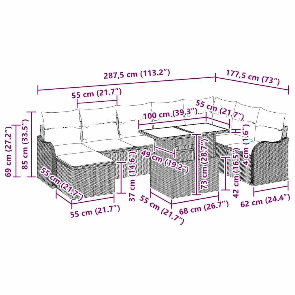 Black 9-Piece Modular Outdoor Garden Sofa Set with Cushions