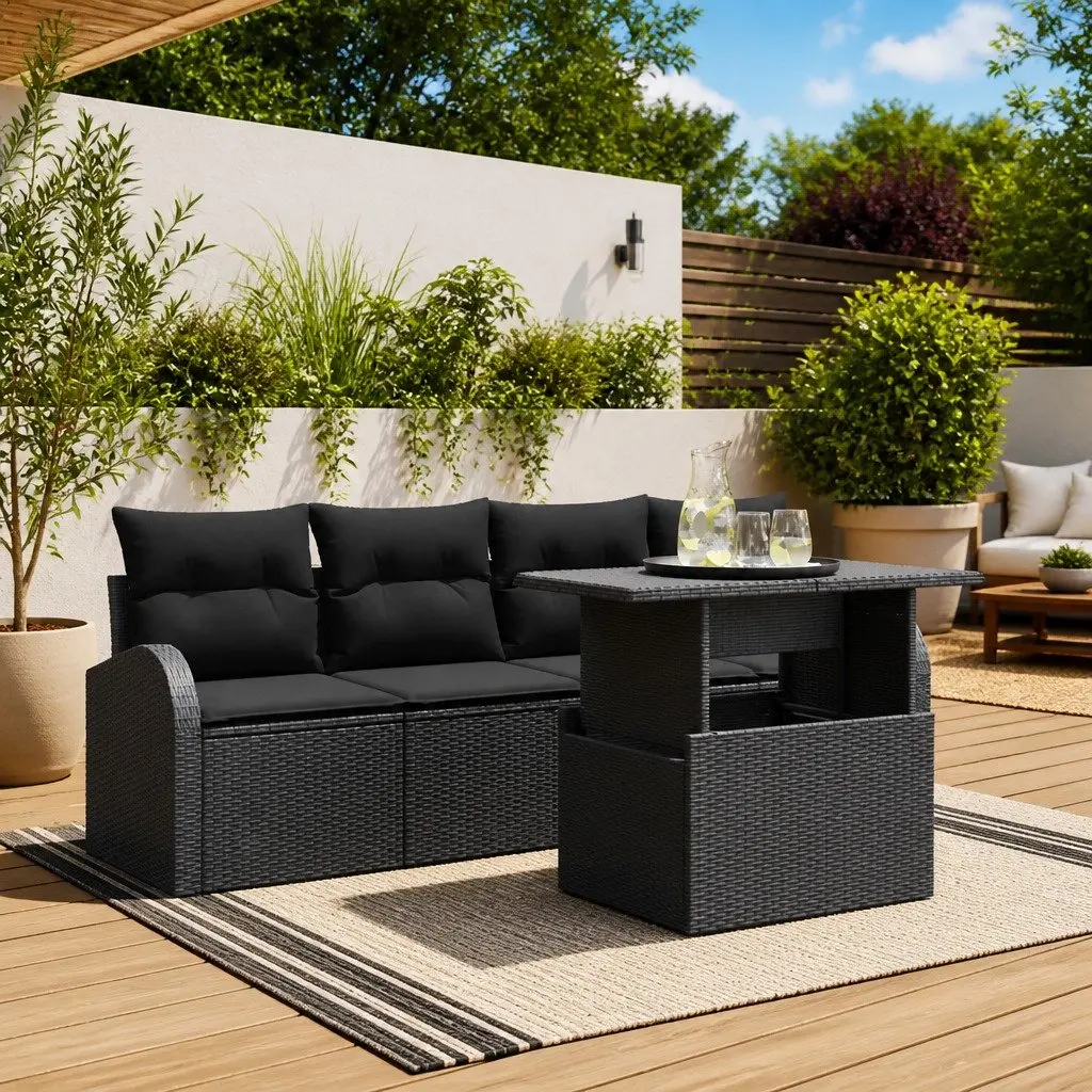 Garden Sofa Set Poly Rattan Modular 5 Piece Black Outdoor Furniture