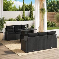 7-Piece Black Poly Rattan Garden Sofa Set with Cushions