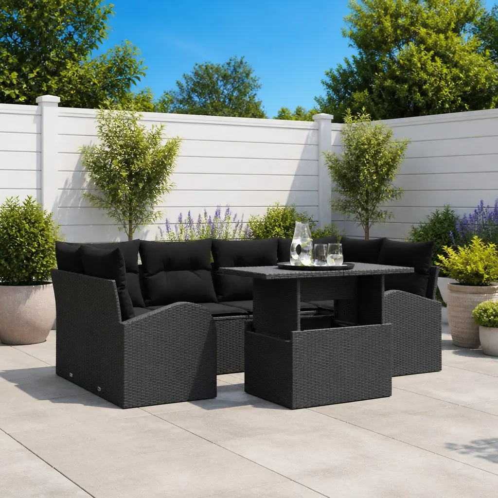 7-Piece Black Poly Rattan Outdoor Garden Sofa Set