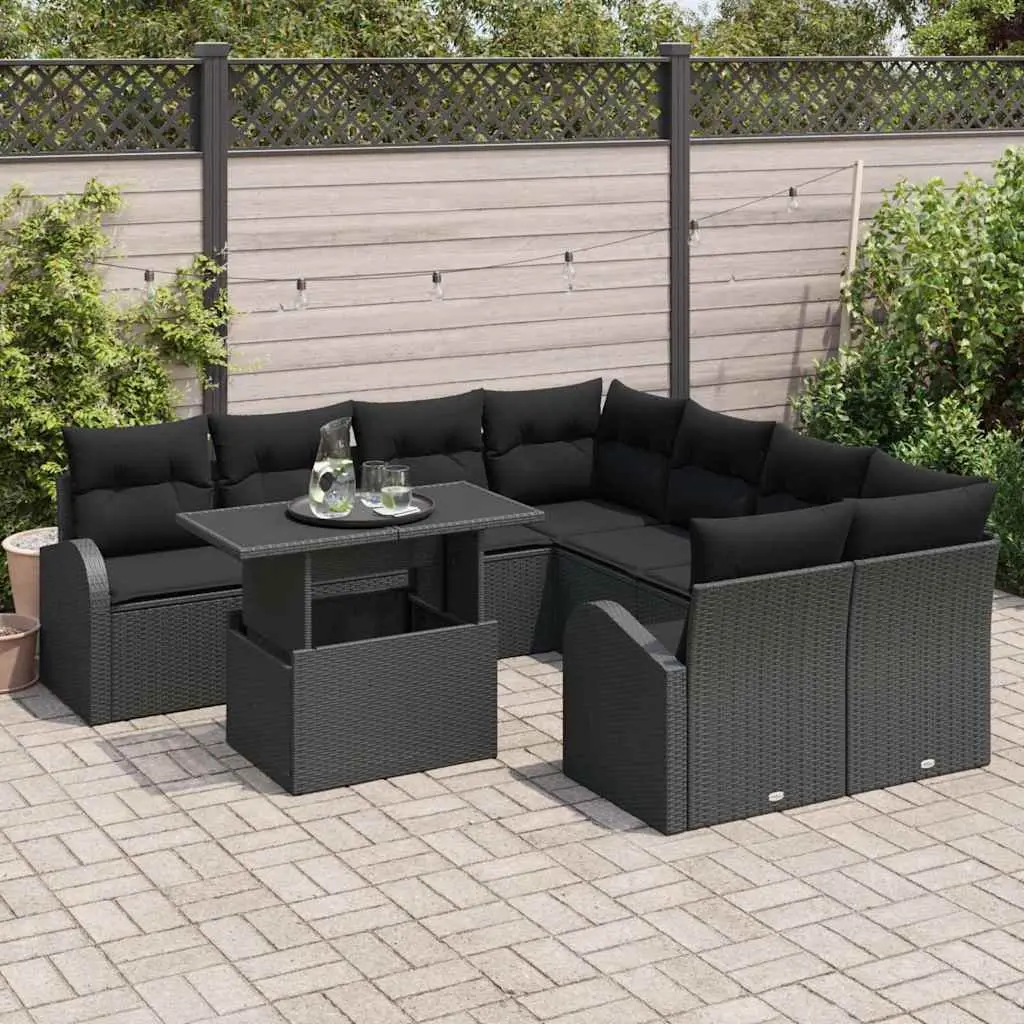 9 Piece Black Poly Rattan Outdoor Sofa Set