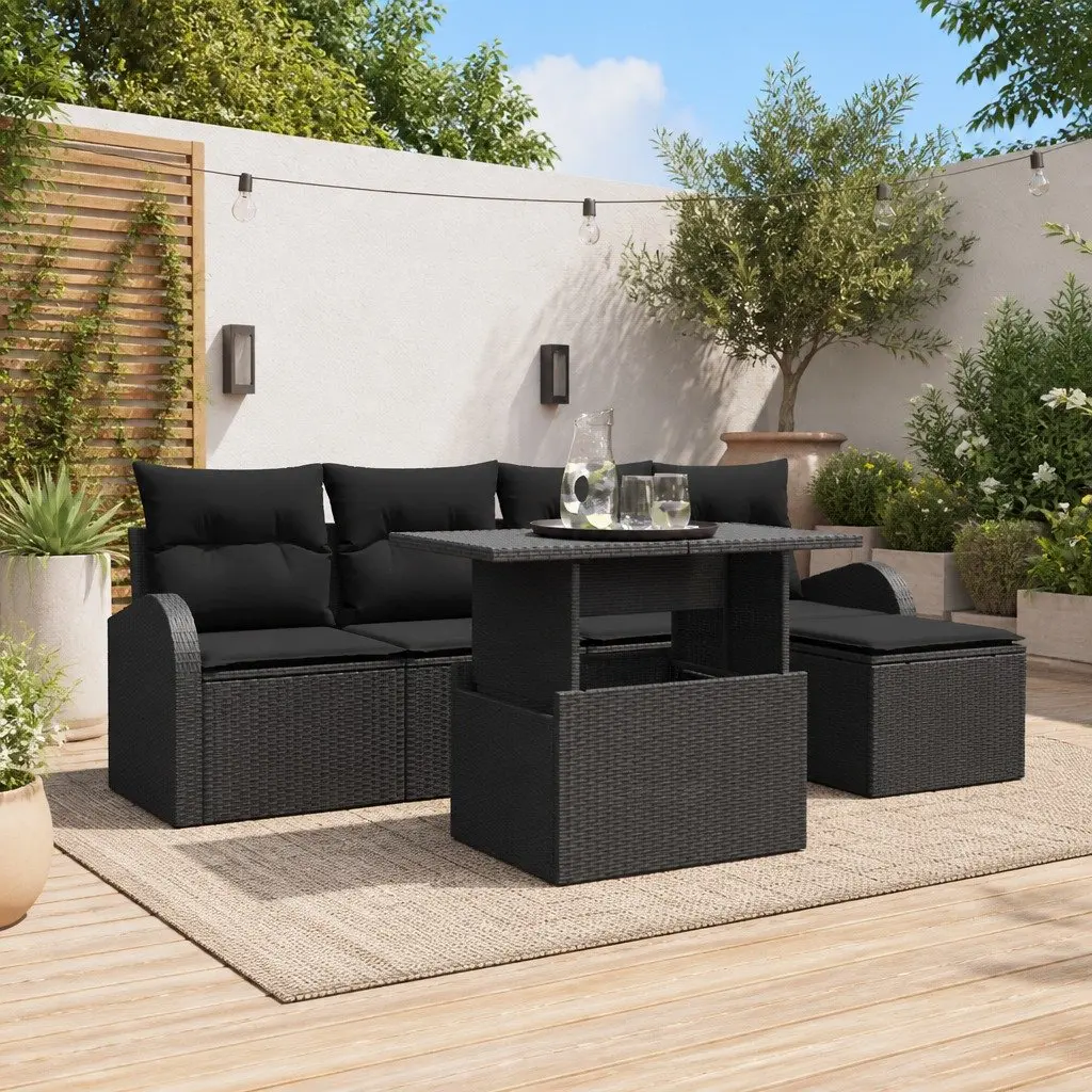 Modular Outdoor Garden Sofa Set 6pcs in Black Poly Rattan