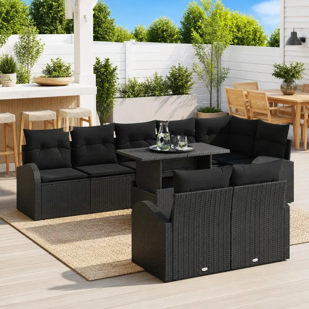 9 Piece Modular Outdoor Sofa Set in Black Poly Rattan