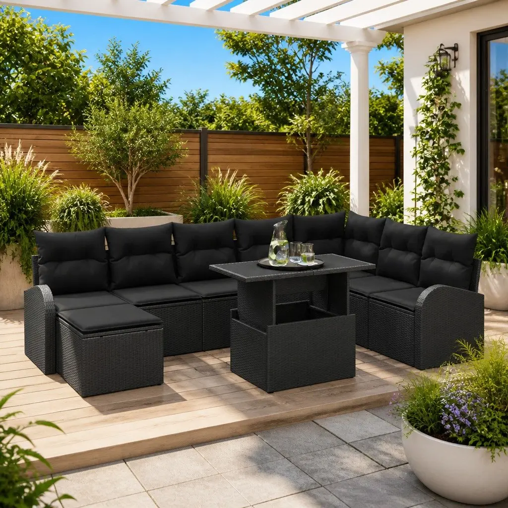 Black 9-Piece Modular Garden Sofa Set
