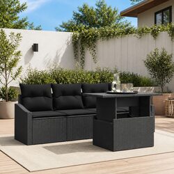 5-Piece Black Poly Rattan Outdoor Garden Sofa Set