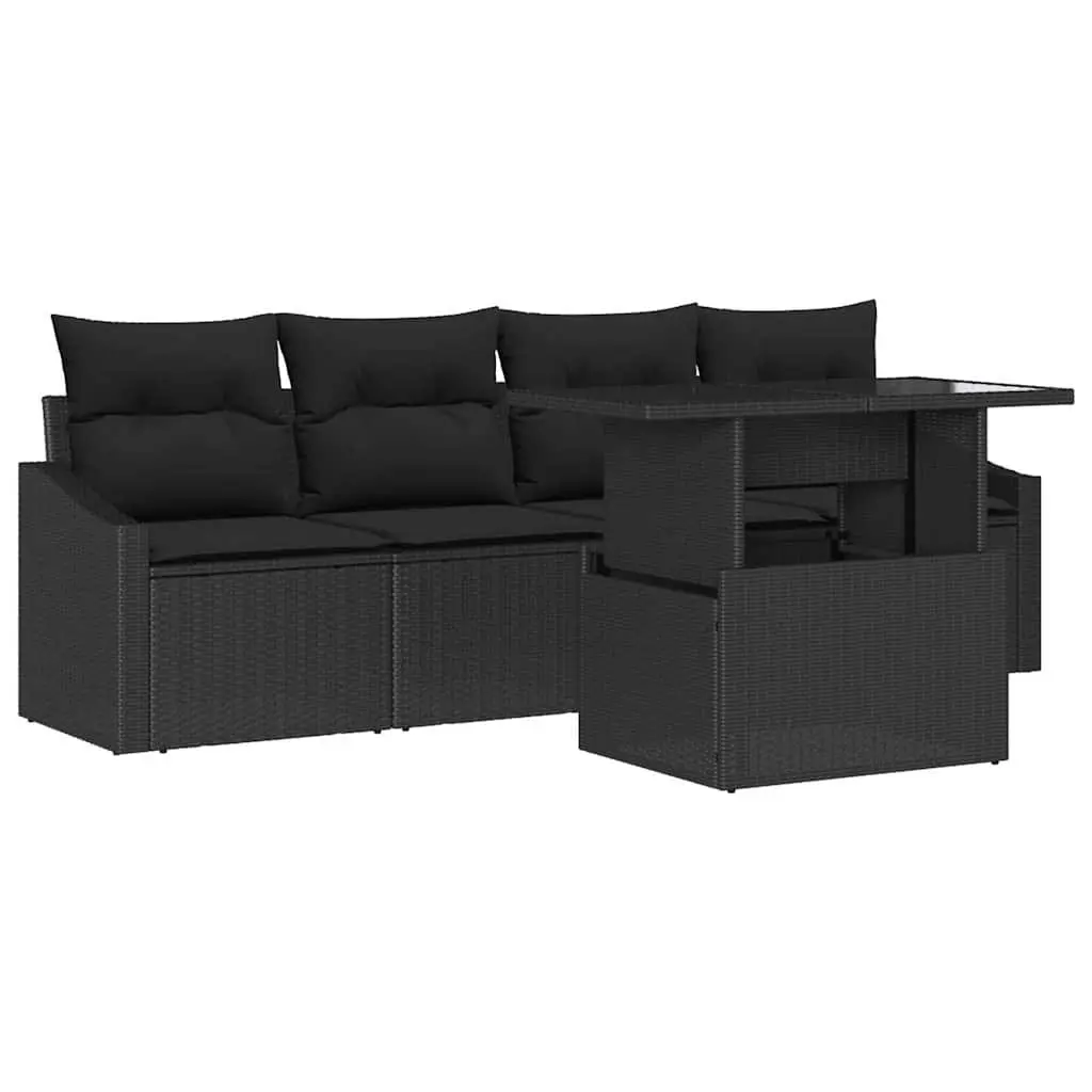 5-Piece Black Poly Rattan Outdoor Garden Sofa Set