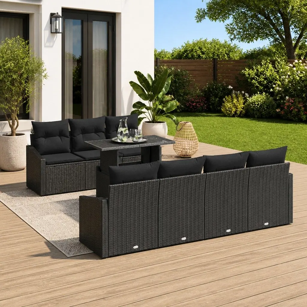 8-Piece Black Modular Outdoor Garden Sofa Set with Cushions