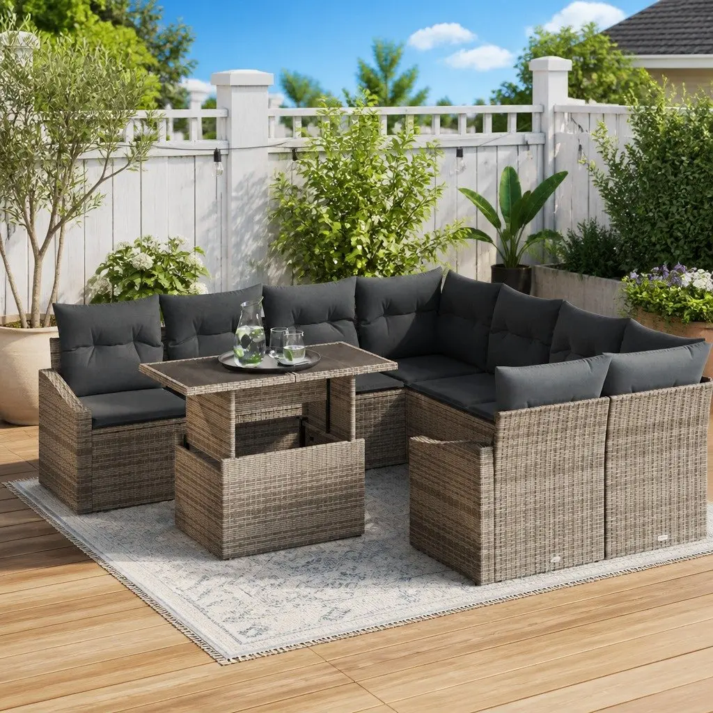 9-Piece Modular Garden Sofa Set in Grey Poly Rattan