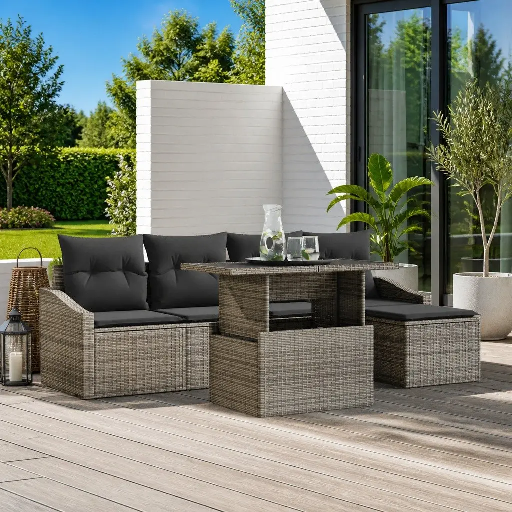 Grey Poly Rattan 6-Piece Outdoor Sofa Set
