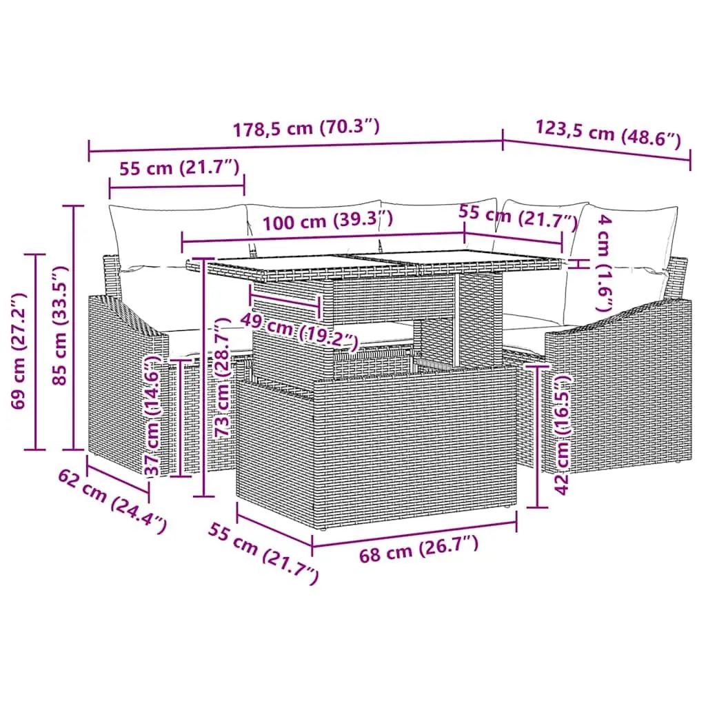 5-Piece Modular Rattan Sofa Set with Cushions