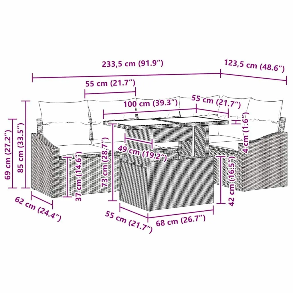 Grey 6-Piece Outdoor Modular Sofa Set with Cushions