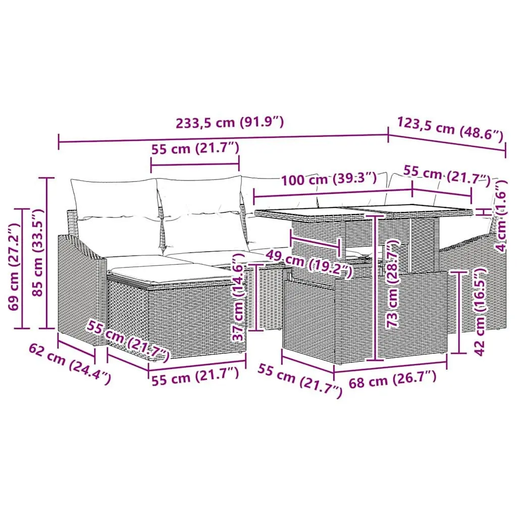 Modular Garden Sofa Set Poly Rattan Steel 7 Piece Grey