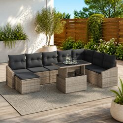 Grey Poly Rattan Outdoor Sofa Set with Adjustable Table