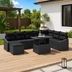 Premium 9-Piece Black Poly Rattan Outdoor Sofa Set
