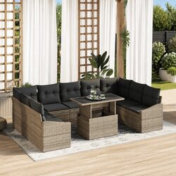 10-Piece Grey Poly Rattan Outdoor Sofa Set with Cushions