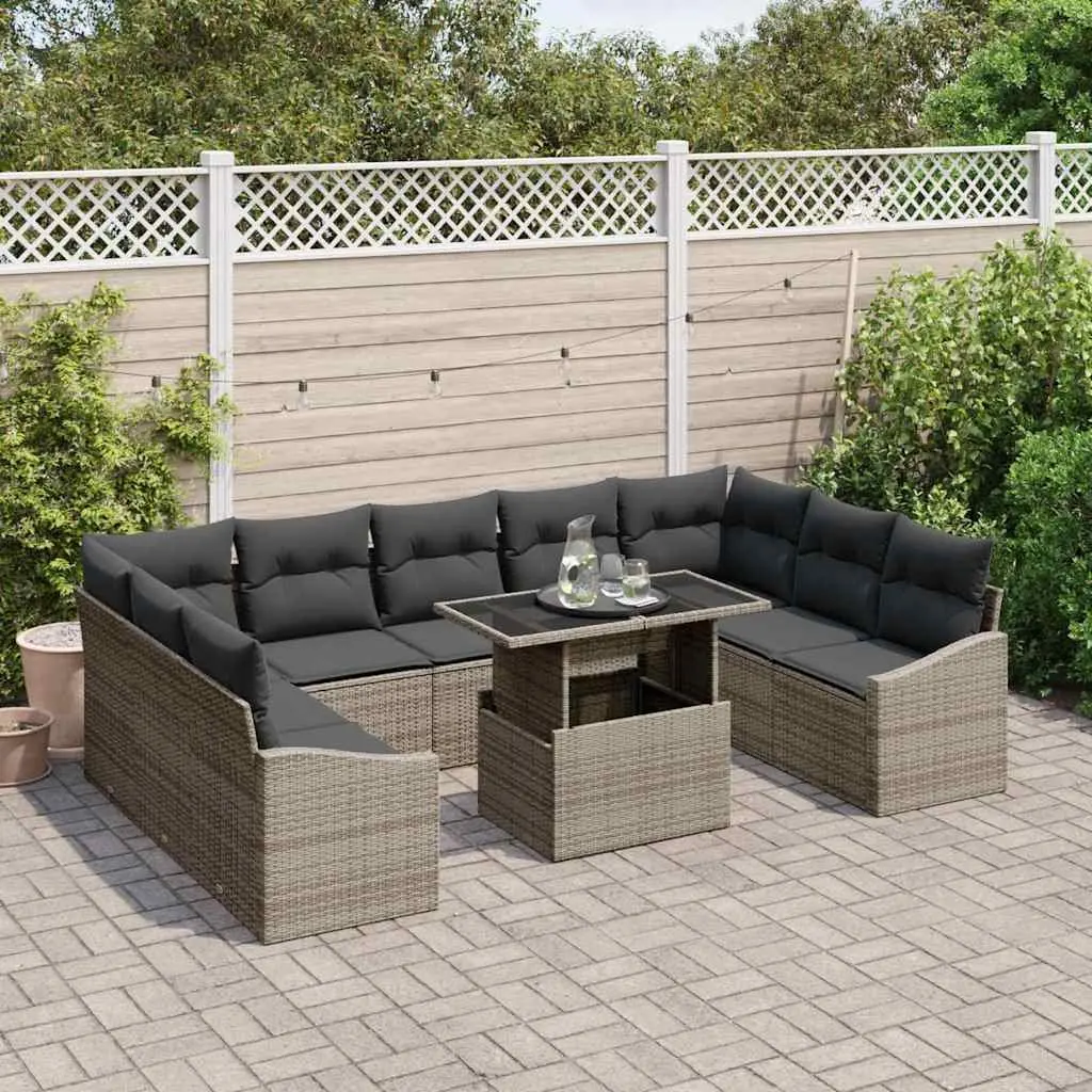 Outdoor Sofa Set Poly Rattan 10 Pieces Grey Garden Patio Furniture with Cushions
