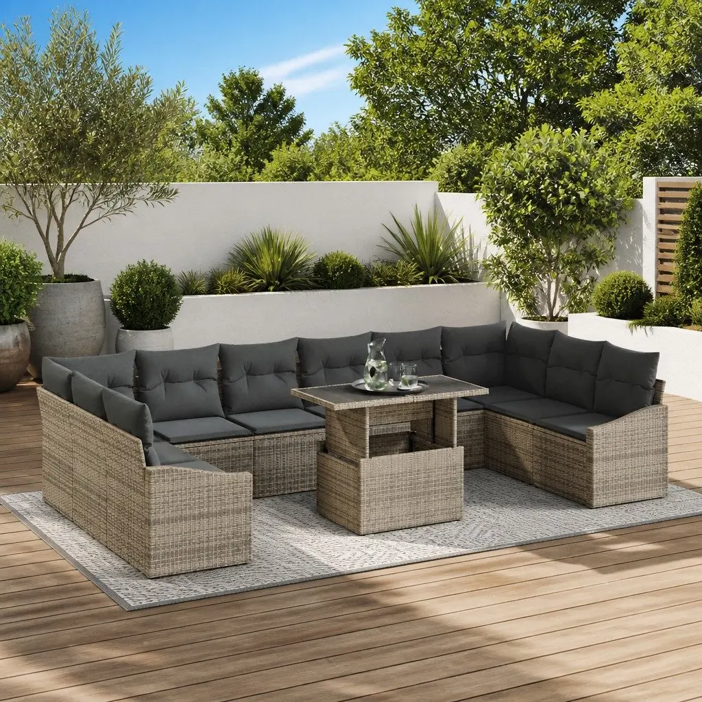 11-Piece Grey Poly Rattan Outdoor Sofa Set