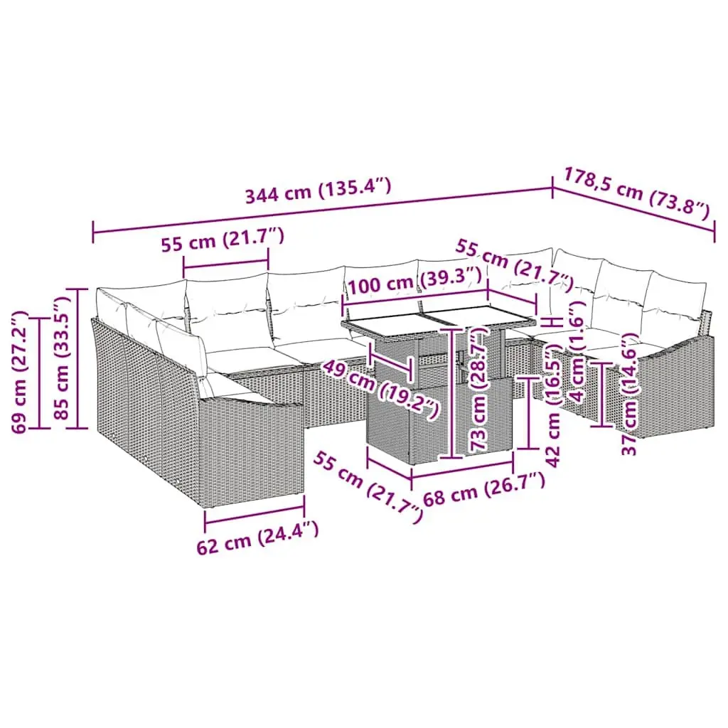 11-Piece Grey Poly Rattan Outdoor Sofa Set
