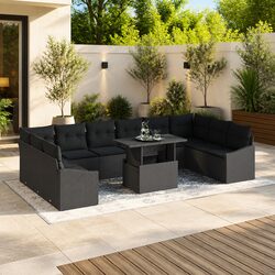 11-Piece Black Poly Rattan Outdoor Sofa Set