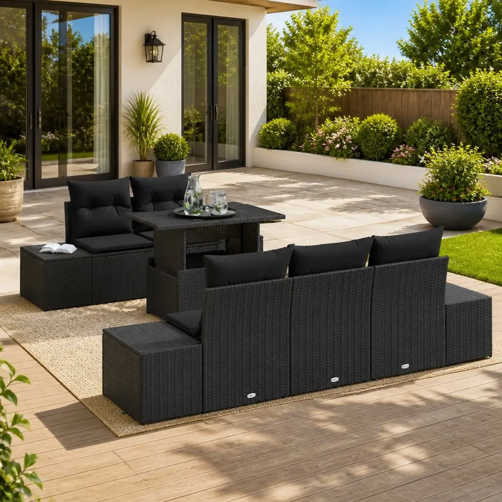 6-Piece Modular Black Poly Rattan Outdoor Sofa Set