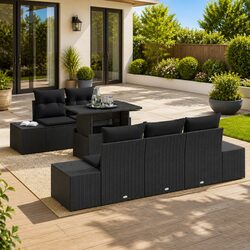 6-Piece Modular Black Poly Rattan Outdoor Sofa Set